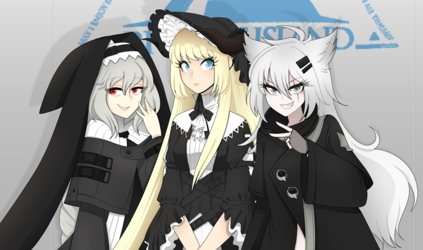 3girls alternate_costume animal_ears arknights black_bonnet black_capelet black_dress black_jacket black_nails blonde_hair blue_eyes bonnet capelet dress fingerless_gloves frilled_bonnet frills gallaxi gloves gothic_lolita grey_background grey_eyes grey_hair grin hair_between_eyes hair_ornament hairclip hand_up hat highres jacket jewelry lappland_(arknights) layered_sleeves lolita_fashion long_hair long_sleeves looking_at_viewer multiple_girls nail_polish nightingale_(arknights) nun parted_lips red_eyes scar scar_across_eye scar_on_face sharp_teeth smile specter_(arknights) teeth upper_body v very_long_hair white_hair wide_sleeves wolf_ears