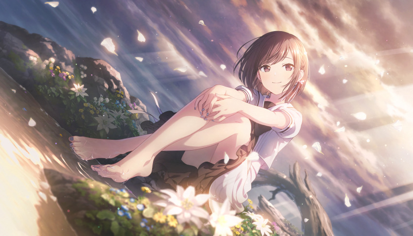 1girl ano_hi_kanadeta_neiro_wo_(project_sekai) backlighting bare_legs barefoot black_ribbon blue_flower blurry bob_cut braid brown_eyes brown_hair carnation caustics closed_mouth cloud colorful_palette cosmos_(flower) crop_top crossed_ankles dark_clouds depth_of_field dot_nose dutch_angle evening eyelashes fallen_tree falling_petals feet fingernails flower foliage frilled_skirt frills full_body glowing glowing_petals gradient_sky grass grey_nails hair_behind_ear hair_ribbon half-closed_eyes hands_on_own_knees head_tilt highres light_particles light_rays looking_at_viewer moss nature neck_ribbon official_alternate_costume official_art on_ground orange_clouds outdoors outstretched_arms own_hands_together petals pond project_sekai puffy_short_sleeves puffy_sleeves purple_flower ribbon ripples rock sailor_collar shinonome_ena short_braid short_hair short_sleeves side_braid single_braid single_vertical_stripe sitting skirt sky smile soaking_feet solo sunlight swept_bangs third-party_source toenails tree v_arms water water_drop wet white_carnation white_flower white_petals white_ribbon white_sailor_collar white_skirt yellow_clouds yellow_flower