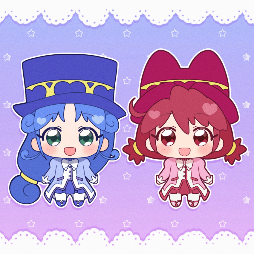 2girls :d ahoge artist_name blue_background blue_boots blue_coat blue_hair blue_hat blue_skirt blush boots bow bowtie buttons chibi chibi_only coat commentary curly_hair fine_(futagohime) full_body fushigiboshi_no_futago_hime gradient_background green_eyes hair_between_eyes hair_intakes hat highres lace_background long_hair long_sleeves looking_at_viewer low-tied_long_hair low_twintails matching_outfits multiple_girls no_nose open_mouth overcoat pantyhose pink_boots pink_coat pleated_skirt pom_pom_(clothes) pom_pom_footwear puffy_long_sleeves puffy_sleeves purple_background red_eyes red_hair red_hat red_skirt rein_(futagohime) revision siblings side-by-side sisters skirt smile standing star_(symbol) star_symbol_background top_hat twins twintails two-tone_background umiyuki_(umi_chu) white_bow white_bowtie white_pantyhose