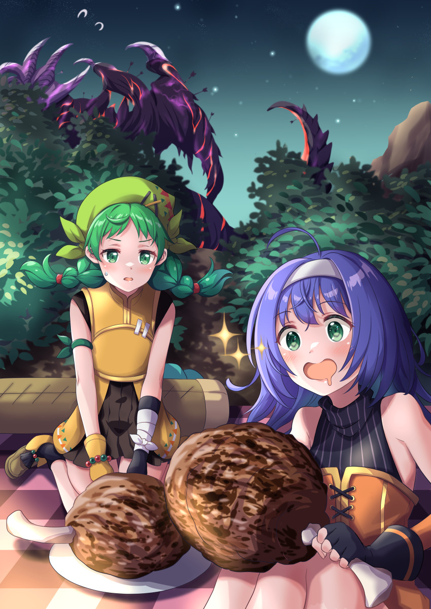 2girls absurdres aged_down armpits arrow_(projectile) arrow_in_body bandana boned_meat braid bush child commission drooling fingerless_gloves fire_emblem fire_emblem:_path_of_radiance fire_emblem:_the_blazing_blade fire_emblem:_the_sacred_stones fire_emblem_heroes fomortiis_(fire_emblem) food full_moon gloves green_eyes green_hair highres meat mia_(budding_blade)_(fire_emblem) mia_(fire_emblem) moon mouth_drool multiple_girls nature night nintendo official_alternate_costume picnic pleated_skirt purple_eyes rebecca_(breezy_scamp)_(fire_emblem) rebecca_(fire_emblem) sitting skirt sleeveless tsukachii twin_braids