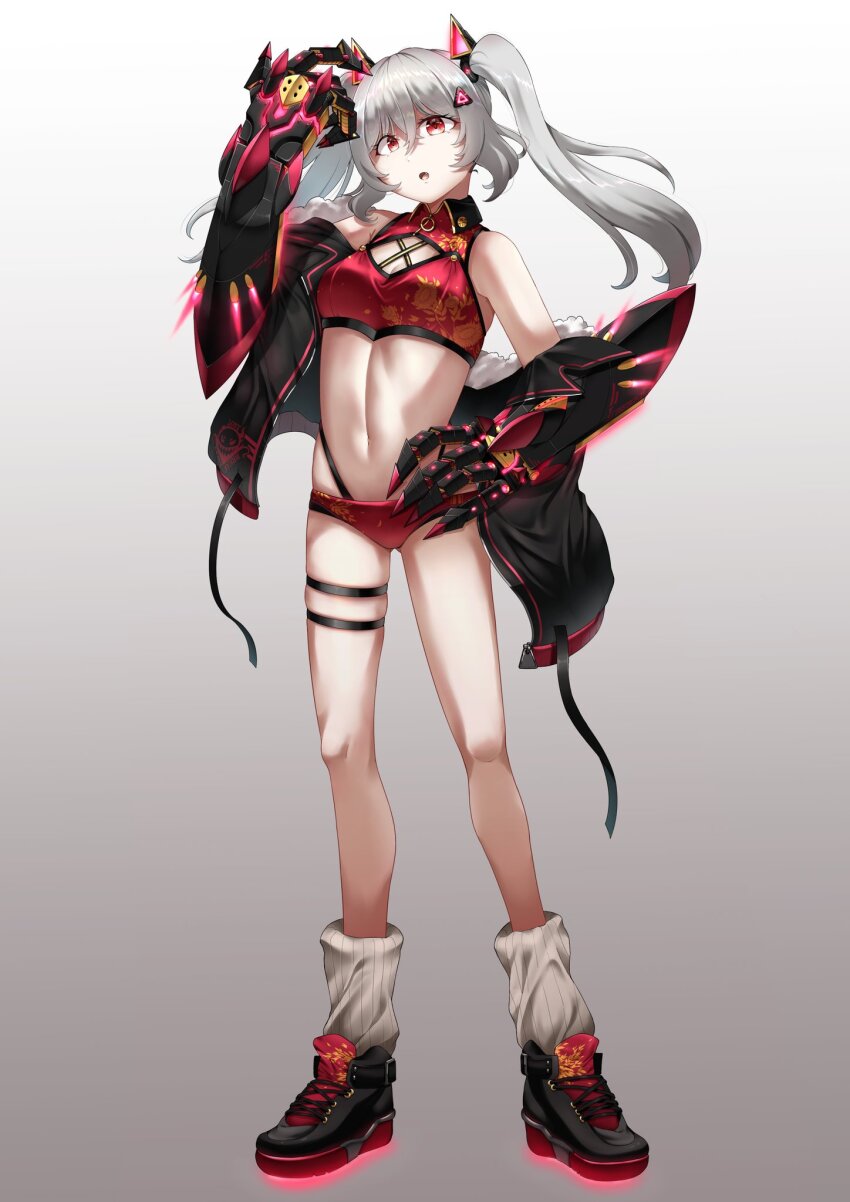 1girl arm_up bare_shoulders bikini black_jacket black_shoes breasts clawed_gauntlets cleavage_cutout clothing_cutout collared_bikini commentary_request contrast_collar crossed_bangs floral_print full_body gauntlets glowing gradient_background grey_background grey_hair hair_between_eyes hair_ornament hand_on_own_hip head_tilt highres jacket layered_bikini long_hair looking_at_viewer loose_socks mechanical_arms medium_breasts morros multicolored_shoes multiple_thigh_straps navel off_shoulder official_alternate_color open_mouth original power_fist print_bikini red_bikini red_eyes red_shoes red_trim shoes socks solo standing stomach swimsuit tekkou-chan_(morros) thigh_strap triangle_hair_ornament turtleneck_bikini_top twintails variant_set