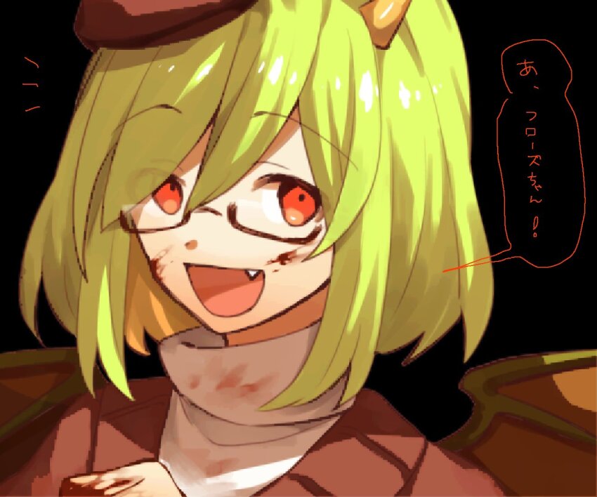 1girl beret black_background blood blood_on_clothes blood_on_face blood_on_hands colored_skin demon_girl demon_horns demon_wings fang funamusea green_hair green_wings haiiro_teien hair_between_eyes hat horns open_mouth orange_horns pixelated red_eyes red_hat red_sweater short_hair sidelocks simple_background single_horn smile solo speech_bubble sweater vmein_46 white_skin wings yosafire_(funamusea)