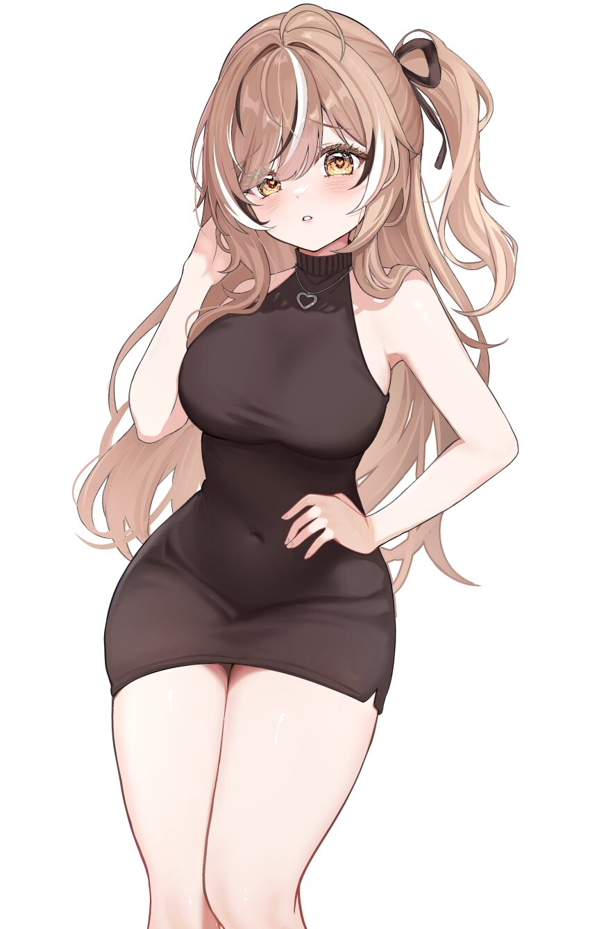 1girl absurdres ahoge alternate_costume bare_arms bibixart black_hair blush breasts brown_dress brown_eyes brown_hair commentary covered_navel dress duplicate feet_out_of_frame furrowed_brow hair_between_eyes hair_ribbon halter_dress halterneck hand_in_own_hair hand_on_own_hip heart heart-shaped_pupils highres hololive hololive_english jewelry large_breasts long_hair looking_at_viewer multicolored_hair nanashi_mumei necklace one_side_up parted_lips ribbon short_dress simple_background sleeveless sleeveless_dress solo standing streaked_hair symbol-only_commentary symbol-shaped_pupils taut_clothes taut_dress teeth very_long_hair virtual_youtuber white_background white_hair