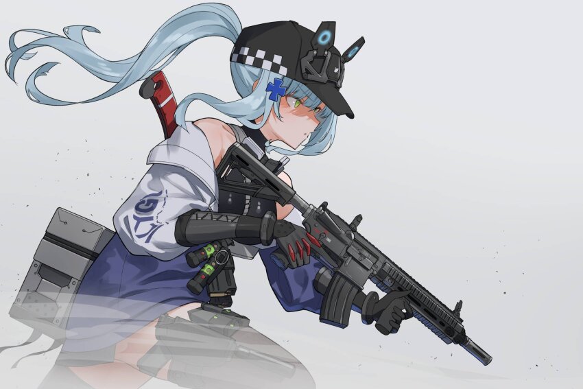 1girl assault_rifle baseball_cap black_hat black_thighhighs blue_hair commentary_request cross_hair_ornament flashbang girls&#039;_frontline girls&#039;_frontline_2:_exilium glock green_eyes gun h&amp;k_hk416 hair_ornament handgun hat highres hk416_(girls&#039;_frontline) holding holding_gun holding_weapon holstered jacket klukai_(girls&#039;_frontline_2) long_hair magazine_(weapon) multicolored_jacket parted_lips ponytail purple_jacket rifle ringobatake simple_background solo suppressor thighhighs trigger_discipline two-tone_jacket weapon white_background white_jacket