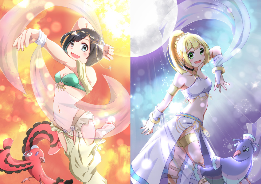 2girls absurdres alternate_costume arm_up armlet barefoot bikini bikini_top_only black_hair blonde_hair blue_eyes blurry blush bokeh bracelet braid breasts bridal_gauntlets cleavage crown_braid dancer dancing depth_of_field gen_7_pokemon green_eyes halterneck headdress highres huge_filesize jewelry light_rays lillie_(pokemon) long_hair looking_at_viewer midriff moon multiple_girls navel negimiso1989 nintendo oricorio oricorio_(baile) oricorio_(sensu) pokemon pokemon_(creature) pokemon_sm ponytail selene_(pokemon) short_hair standing standing_on_one_leg sun swimsuit
