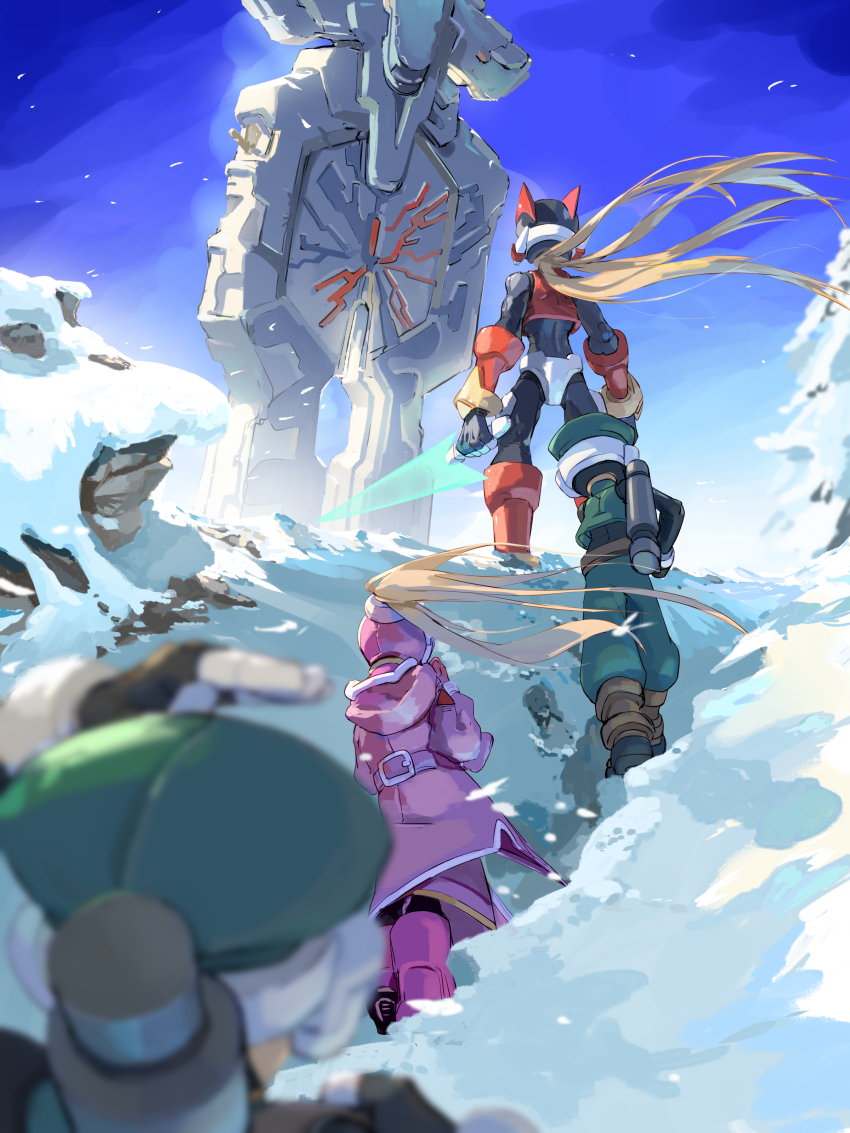 3boys absurdres armor blonde_hair blurry blurry_foreground ciel_(mega_man) coat energy_sword from_behind green_hat hat helmet high_ponytail highres holding holding_sword holding_weapon long_hair mega_man_(series) mega_man_zero_(series) mega_man_zero_3 multiple_boys omochi_(mochi_skymega) pink_coat pink_helmet ponytail red_armor red_helmet snow sword weapon z_saber zero(z)_(mega_man) zero_(mega_man)