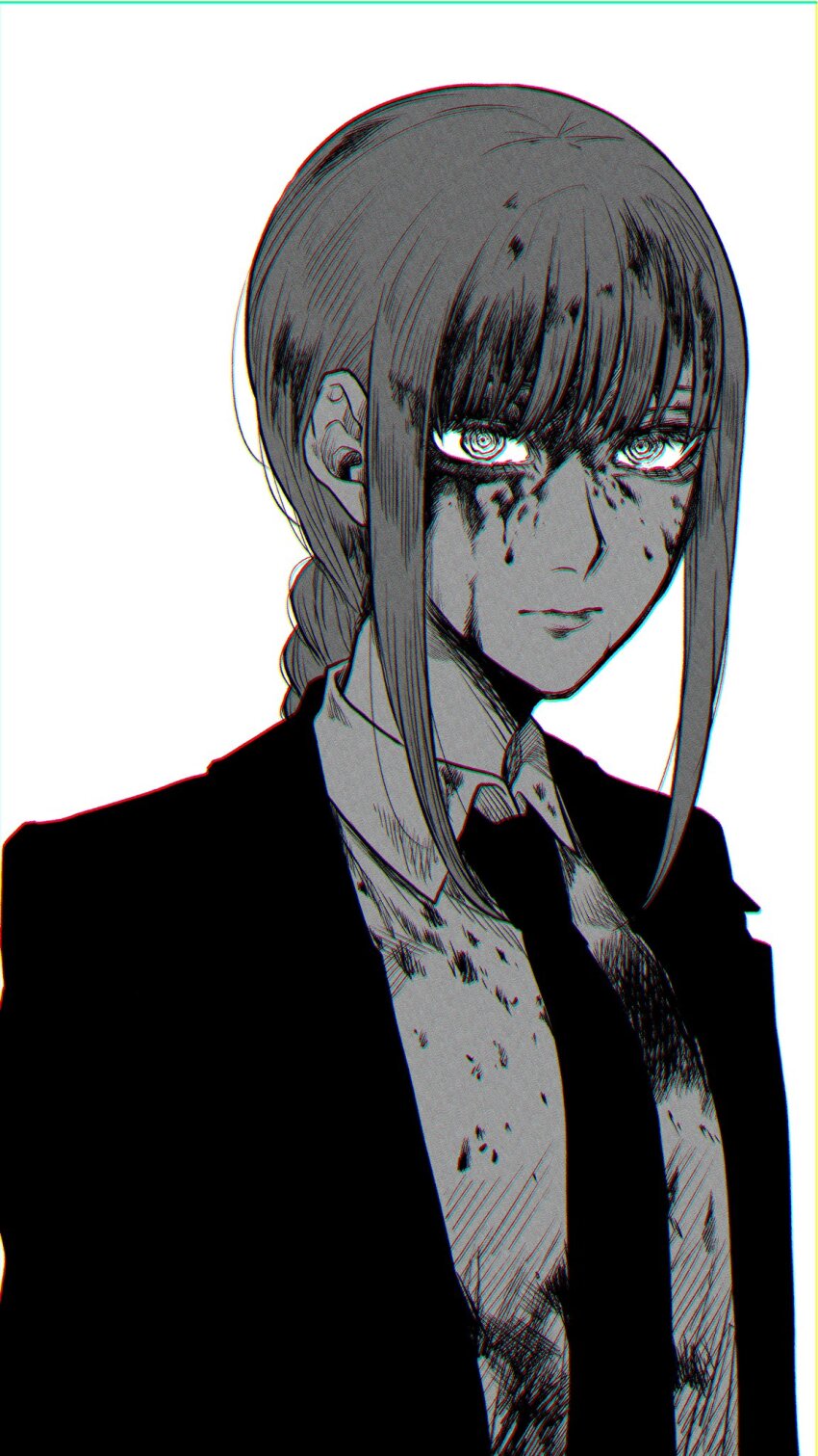 1girl blood blood_on_clothes blood_on_face chainsaw_man chromatic_aberration closed_mouth collared_shirt greyscale haru_rice highres jacket long_hair looking_at_viewer makima_(chainsaw_man) monochrome necktie ringed_eyes shirt sidelocks solo