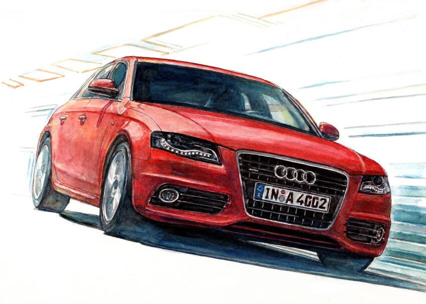 audi audi_a4 car m.m_(chosuke320) motion_blur motion_lines motor_vehicle no_humans original red_car shadow traditional_media vehicle_focus