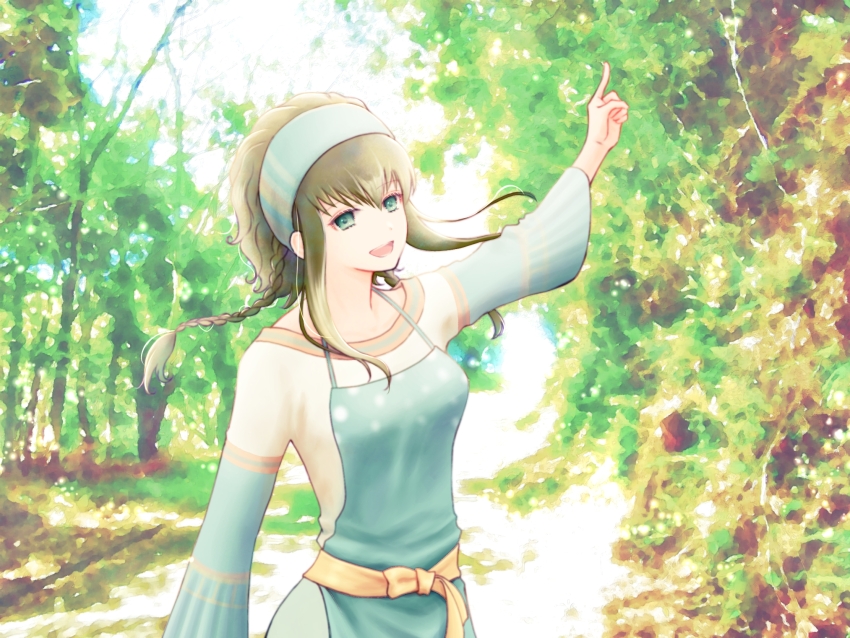 1girl :d apron azu_rin_go bokujou_monogatari bokujou_monogatari:_tsunagaru_shin_tenchi braid breasts collarbone cowboy_shot day floating_hair green_apron green_eyes green_hair green_headband green_shirt hair_between_eyes headband highres licorice_(bokujou_monogatari) long_sleeves looking_at_viewer medium_breasts nature open_mouth outdoors pointing pointing_up sash shirt short_hair_with_long_locks side_braids smile solo watercolor_background white_shirt wide_sleeves yellow_sash