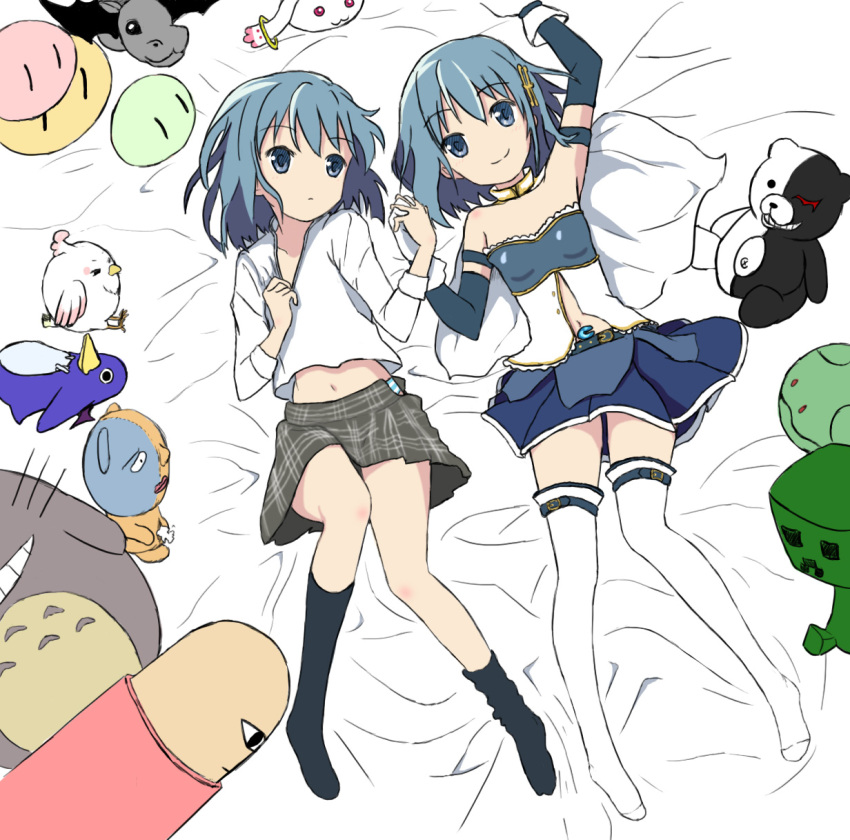00s 10s 1980s_(style) 2girls blue_eyes blue_hair clannad creeper crossover danganronpa_(series) dango dango_daikazoku dera_mochimazzui disgaea dual_persona food fortissimo gintama gundam gundam_seed hair_ornament haiyore!_nyaruko-san haro hentai_ouji_to_warawanai_neko. highres holding_hands justaway kneehighs kyubey mahou_shoujo_madoka_magica mahou_shoujo_madoka_magica_(anime) miki_sayaka miki_sayaka_(magical_girl) minecraft monokuma multiple_crossover multiple_girls musical_note musical_note_hair_ornament no_shoes oldschool parody prinny retro_artstyle school_uniform shantak_(nyaruko-san) socks tamako_market tonari_no_totoro totoro wagashi x_k_o