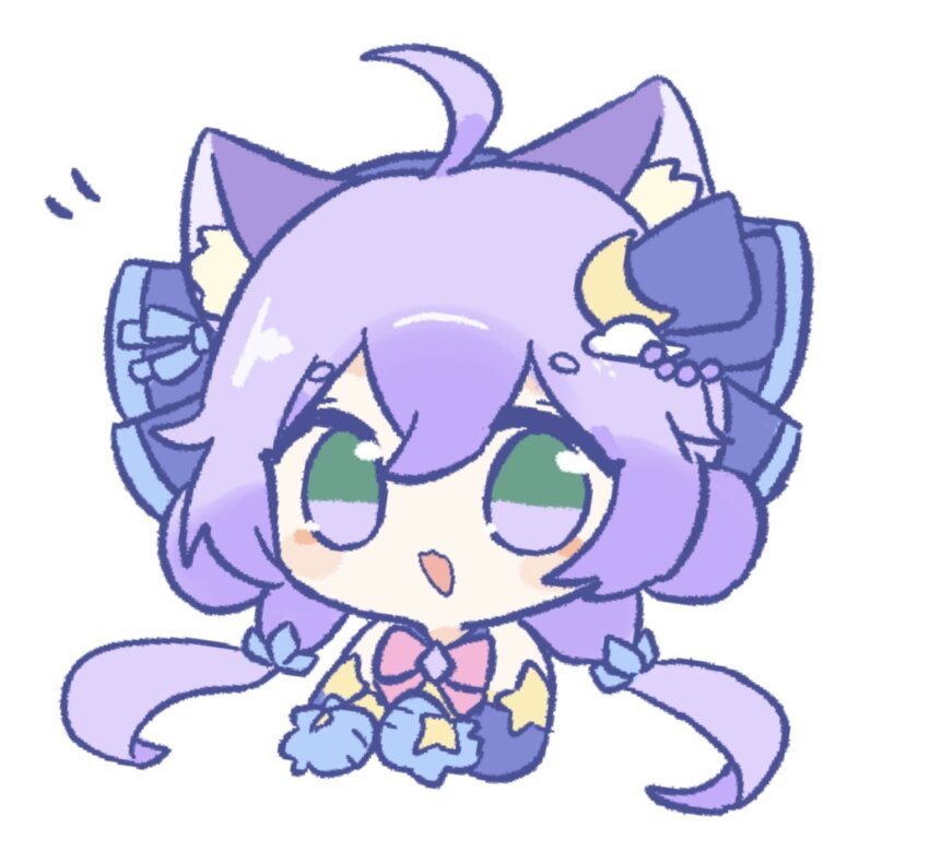 1girl ahoge animal_ear_fluff animal_ears bow bowtie cat_ears cat_girl chibi chibi_only crescent crescent_hair_ornament green_eyes hair_ornament highres hyouenn light_smile long_hair looking_at_viewer low_twintails maimai_(game) open_mouth purple_hair salt_(maimai) simple_background solo twintails upper_body white_background
