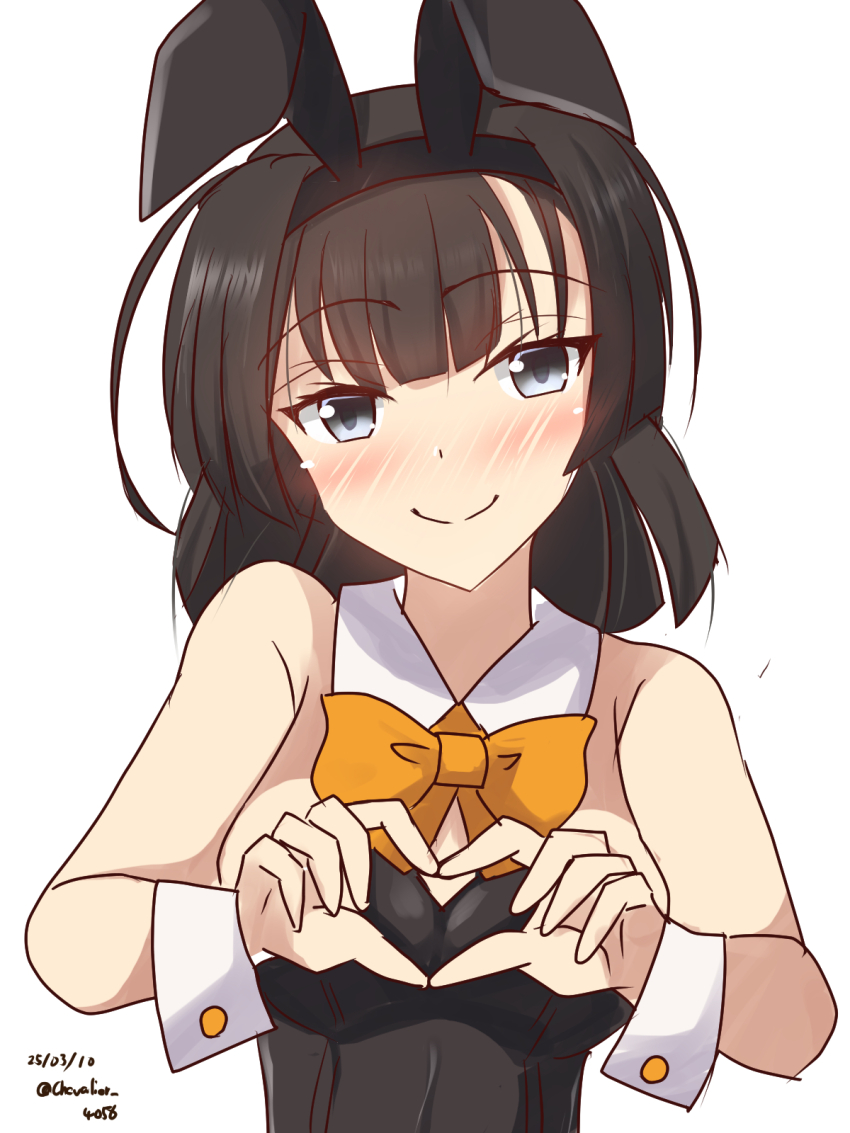 1girl four-finger_heart_hands akizuki_(kancolle) animal_ears black_hair black_leotard blush bow bowtie breasts brown_hair covered_navel dated detached_collar fake_animal_ears grey_eyes hairband headband heart heart_hands highres kantai_collection leotard long_hair looking_at_viewer orange_ribbon playboy_bunny ponytail rabbit_ears ribbon sawatani_(chevalier_04056) school_uniform serafuku skirt smile solo strapless strapless_leotard traditional_bowtie twitter_username upper_body white_background white_wrist_cuffs wrist_cuffs