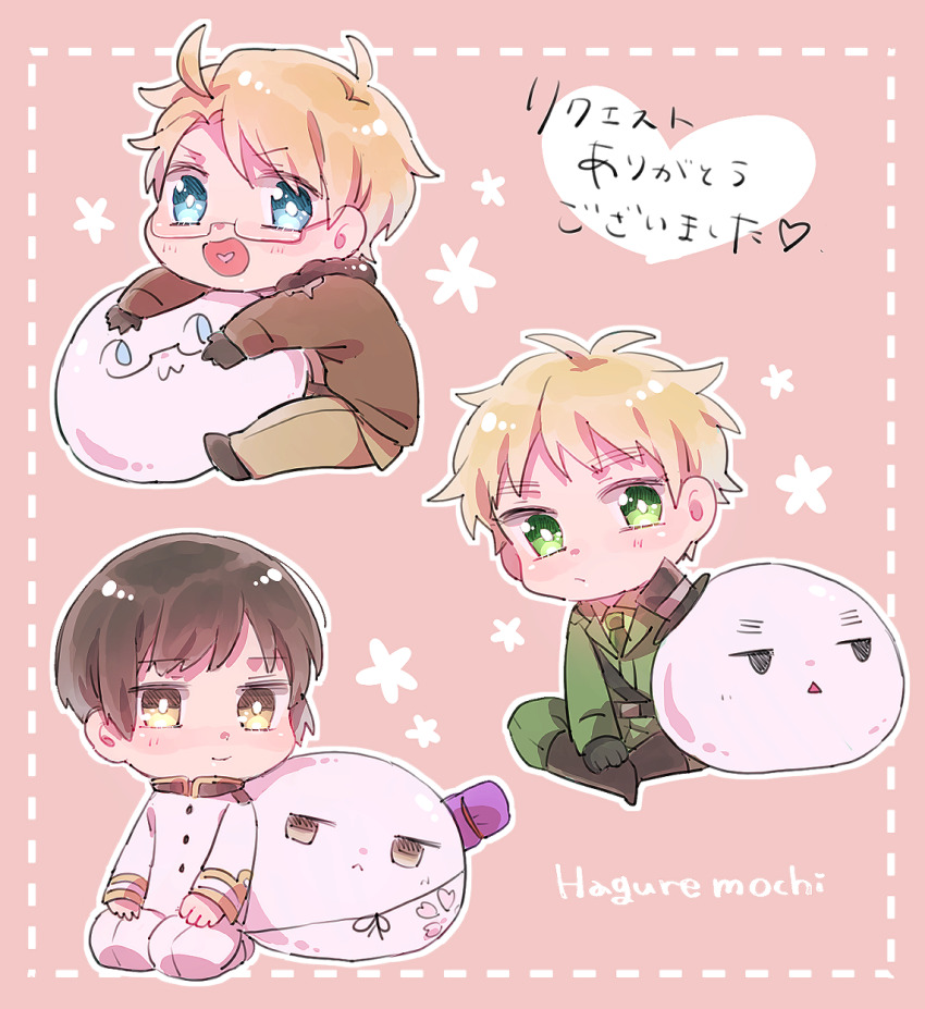 3boys ahoge america_(hetalia) axis_powers_hetalia black_gloves black_hair black_hat black_shoes blonde_hair blue_eyes brown_jacket brown_pants buttons chibi chibi_only closed_mouth commentary_request fur-trimmed_jacket fur_trim glasses gloves green_eyes green_jacket green_necktie green_pants green_shirt hair_between_eyes hat heart heart_in_mouth highres jacket japan_(hetalia) long_sleeves looking_at_viewer male_focus messy_hair military_jacket military_uniform multiple_boys necktie nekojiri open_clothes open_jacket open_mouth pants pink_background puffy_long_sleeves puffy_sleeves red-framed_eyewear seiza semi-rimless_eyewear shirt shoes short_hair simple_background sitting smile star_(symbol) star_print top_hat united_kingdom_(hetalia) v-shaped_eyebrows white_jacket white_pants white_shoes yellow_eyes