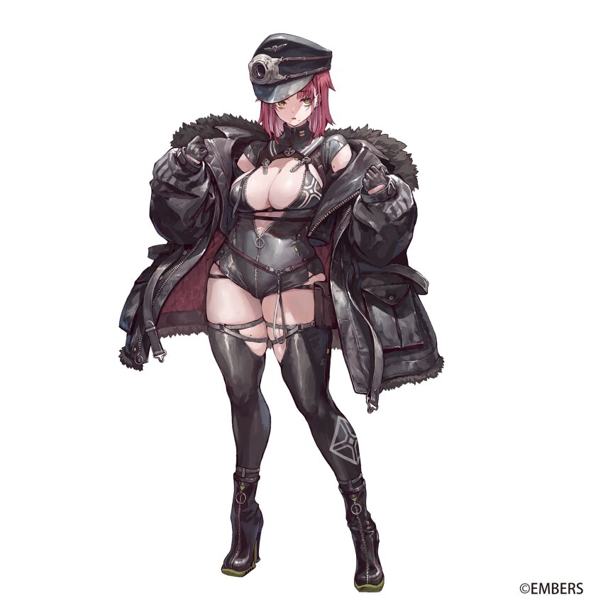 1girl ash_arms black_footwear black_gloves black_hat black_jacket black_thighhighs character_request full_body gloves hat high_heels highres jacket long_hair long_sleeves looking_at_viewer mole mole_under_mouth open_clothes open_jacket pink_hair simple_background solo standing suzuno_(bookshelf) thick_thighs thighhighs thighs white_background yellow_eyes