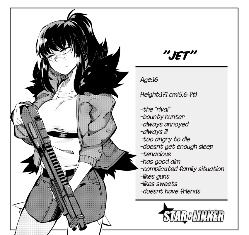 1girl antares_topaz belt belt_buckle black_belt black_fur black_hair border buckle character_age character_profile collarbone copyright_name denim denim_shorts english_text freckles frown fur_trim gloom_(expression) greyscale gun height highres holding holding_gun holding_weapon jet_(star_linker) long_bangs long_eyelashes long_hair looking_to_the_side messy_hair monochrome ponytail pump_action scar scar_on_face scar_on_nose shirt shorts shotgun smiley_face solo star_(symbol) star_linker torn_clothes torn_shorts weapon weapon_request white_background white_border white_shirt