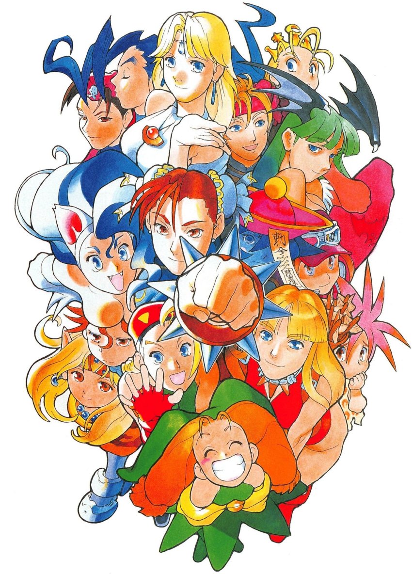 1990s_(style) 6+girls alien_(series) alien_vs._predator animal_ears anita_(darkstalkers) arrow_(projectile) bat_wings bengus beret blonde_hair blue_eyes blue_hair blue_skin bracelet brown_eyes brown_hair bun_cover cammy_white capcom cat_ears chun-li circlet clenched_hand closed_eyes colored_skin cyberbots darkstalkers devilot_de_deathsatan_ix double_bun earrings fangs felicia_(darkstalkers) fingerless_gloves gloves goggles goggles_on_headwear green_hair grin hair_bun hat head_wings highres hsien-ko jewelry jiangshi long_hair mao_(cyberbots) mary_miyabi morrigan_aensland multiple_girls official_art ofuda open_mouth orange_hair outstretched_arm pantyhose pink_hair pointy_ears predator_(series) quiver red_gloves red_hair retro_artstyle rose_(street_fighter) scan short_hair smile spiked_bracelet spikes street_fighter tiara waving wings