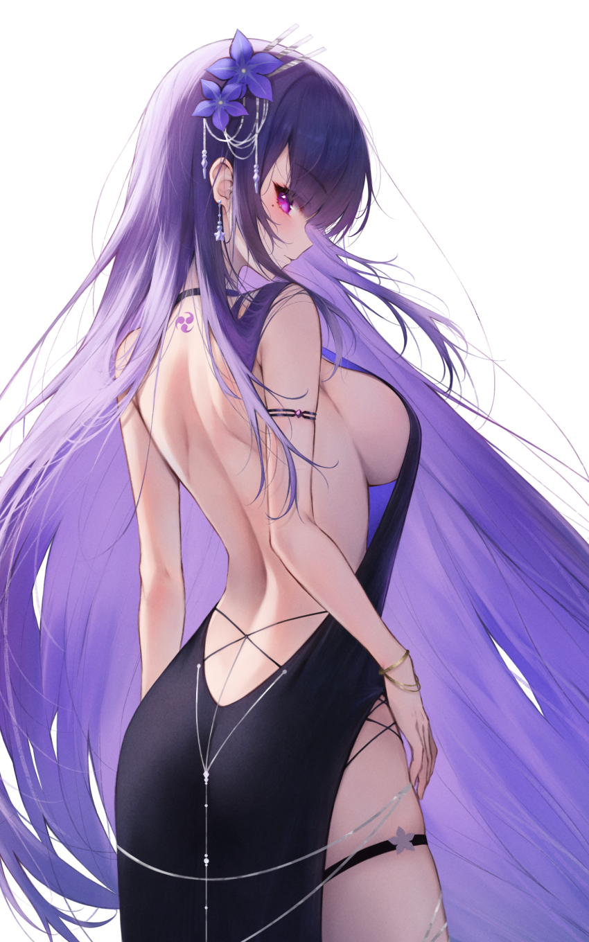 1girl absurdres ass back back_tattoo backless_dress backless_outfit bare_arms bare_back black_dress blush bracelet breasts close-up commentary_request cowboy_shot dress earrings flower from_behind genshin_impact hair_down hair_flower hair_ornament highres ijac_ray jewelry large_breasts long_dress long_hair looking_at_viewer low-tied_long_hair mitsudomoe_(shape) mole mole_under_eye purple_eyes purple_flower purple_hair raiden_shogun sideboob simple_background sleeveless sleeveless_dress solo standing tattoo tomoe_(symbol) very_long_hair white_background