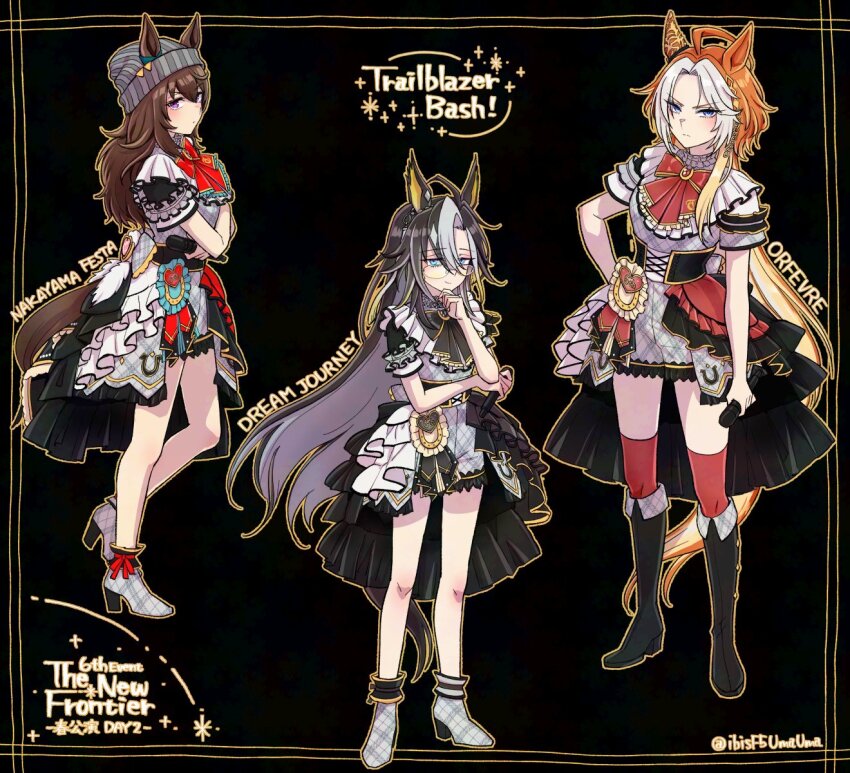 3girls adversarial_noise ahoge animal_ears arm_at_side beanie black_background black_boots blue_eyes boots bow bowtie breasts brown_hair character_name closed_mouth corset crossed_arms dream_journey_(umamusume) ear_covers ears_through_headwear elbow_rest full_body glasses grey_boots grey_shirt grey_shorts hand_on_own_chin hand_on_own_hip hat hi_(ibisf5umauma) highres holding holding_microphone horse_ears horse_girl horse_tail long_sleeves looking_at_viewer microphone multiple_girls multiple_views nakayama_festa_(umamusume) orange_hair orange_outline orfevre_(umamusume) outline overskirt purple_eyes red_thighhighs shirt short_sleeves shorts single_ear_cover small_breasts smile standing standing_on_one_leg stroking_own_chin tail thighhighs trailblazer_bash!_(umamusume) twitter_username umamusume v-shaped_eyebrows
