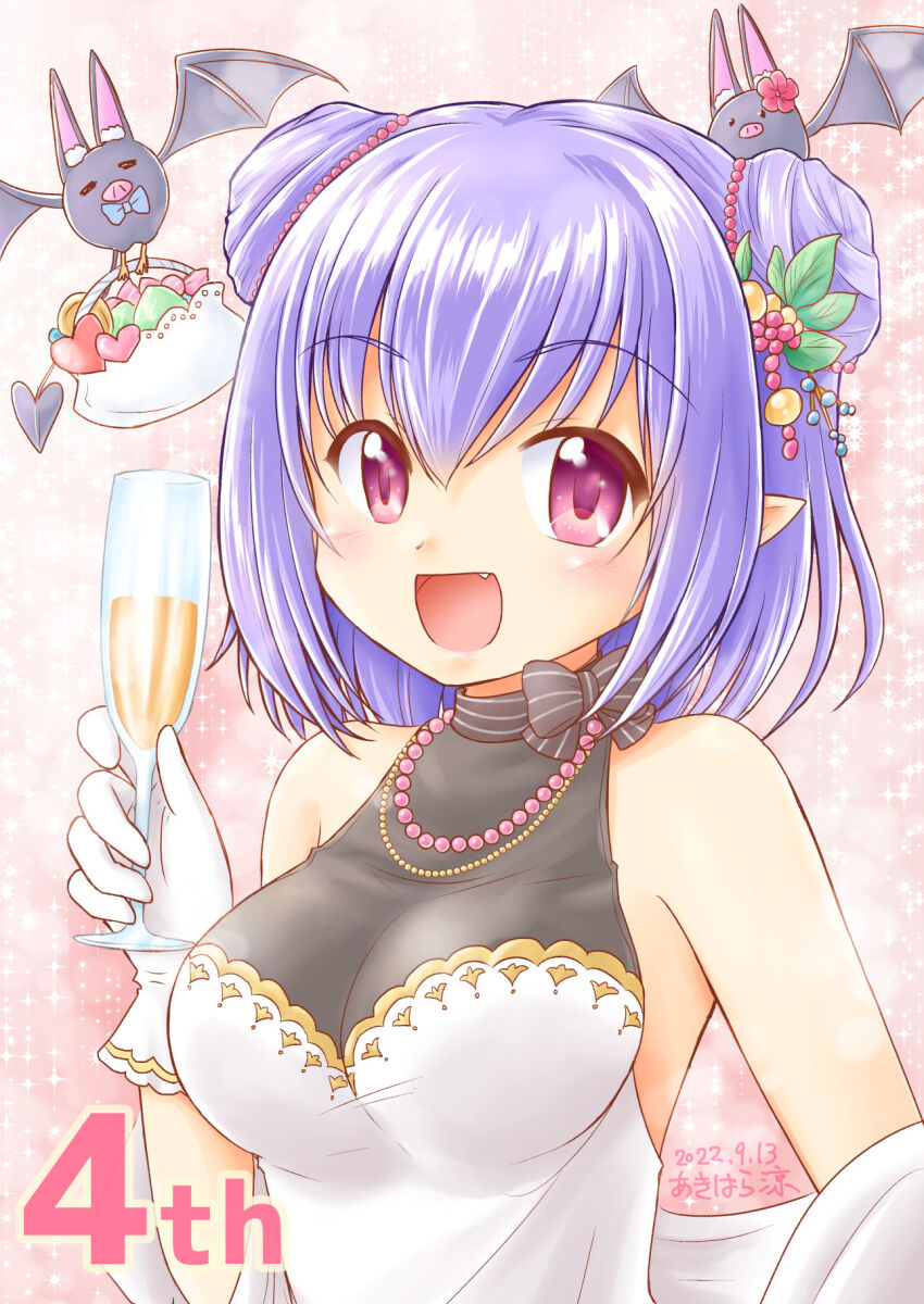1girl akihara_ryou alcohol artist_name bare_shoulders bat_(animal) breasts cup dated demon_girl double_bun gloves hair_bun highres holding holding_cup iris_mysteria! jewelry looking_at_viewer medium_breasts necklace open_mouth pointy_ears purple_eyes purple_hair smile upper_body valeria_ristie_de_serbanescu vampire white_glov