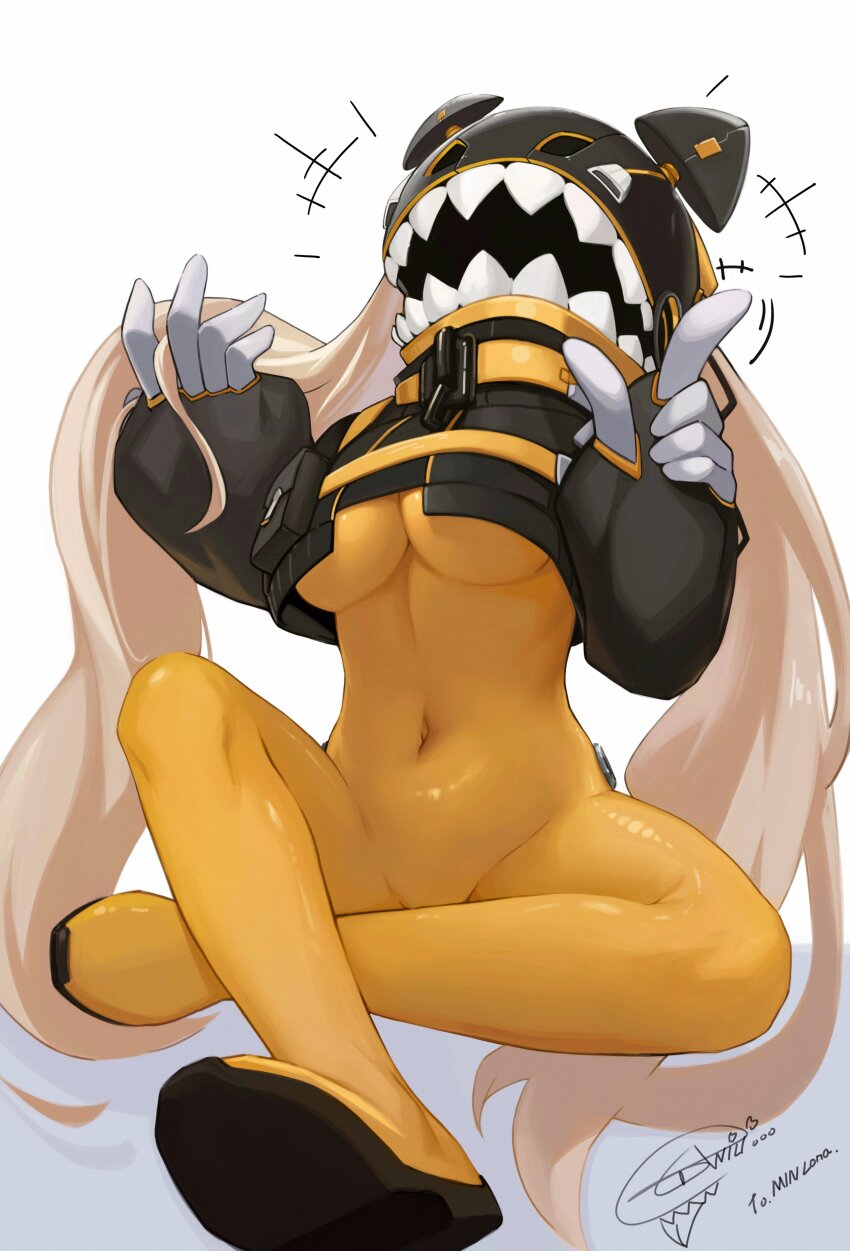 +++ 1girl absurdres animal_ears_helmet animal_helmet anizi black_helmet black_jacket bodysuit borrowed_character breasts cable chain commentary covered_navel cropped_jacket english_commentary faceless faceless_female fingerless_gloves full_body gloves hands_up helmet high_collar highres holding holding_own_hair impossible_bodysuit impossible_clothes index_finger_raised jacket knee_up large_hands long_hair long_sleeves medium_breasts ohta_(min_lona) original oversized_limbs pouch puffy_sleeves sharp_teeth signature sitting skin_tight solo standing teeth twintails underboob very_long_hair yellow_bodysuit