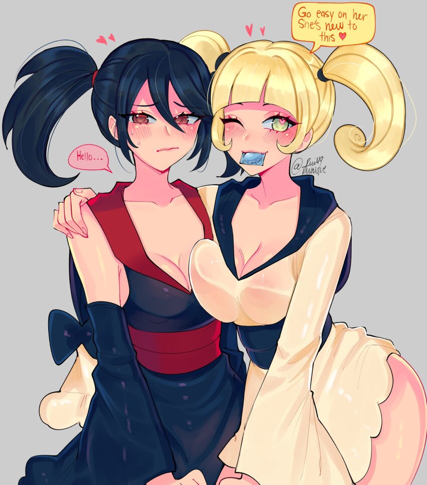 2girls armpit_crease artist_name black_hair blonde_hair bow breast_on_breast breasts cleavage condom condom_in_mouth detached_sleeves double-parted_bangs english_text furisode furisode_girl_(pokemon) furisode_girl_kali furisode_girl_katherine grey_background hair_between_eyes hair_tie heart heart-shaped_pupils highres japanese_clothes kimono large_breasts loose_hair_strand medium_breasts mouth_hold multiple_girls nervous nervous_sweating nintendo obi one_eye_closed pokemon pokemon_xy red_eyes ruilumen_(ruinique) sash short_hair signature simple_background sweat symbol-shaped_pupils twintails yellow_eyes