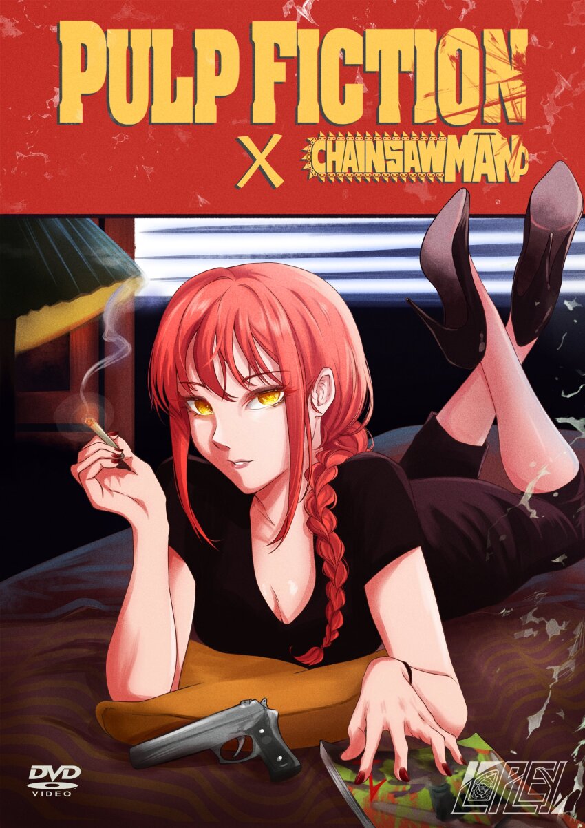 1boy 1girl absurdres bed black_footwear black_pants black_shirt braid braided_ponytail breasts chainsaw_man cigarette cleavage gun hair_over_shoulder high_heels highres holding holding_cigarette lamp lampshade large_breasts legs_up lipstick long_hair looking_at_viewer lopley_png lying magazine_(object) makeup makima_(chainsaw_man) on_stomach pants parody pulp_fiction red_hair red_lips shirt short_sleeves shutter_shades single_braid smile smoke solo weapon window yellow_eyes