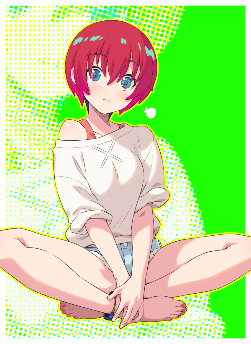 1girl absurdres amate_yuzuriha barefoot blue_shorts closed_mouth commentary_request green_background gundam gundam_gquuuuuux hair_between_eyes highres indian_style kazuma_muramasa legs looking_at_viewer red_hair shirt short_hair shorts sitting solo toenails toes white_shirt