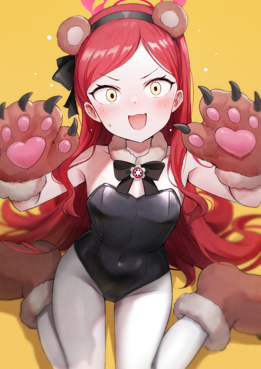 1girl absurdres animal_ears bare_shoulders bear_ears bear_paws black_bow black_bowtie black_leotard blue_archive blush bow bowtie breasts commentary covered_navel detached_collar embarrassed fake_animal_ears fur-trimmed_collar fur_trim gloves hairband halo highleg highleg_leotard highres kai_(esugi) leotard long_hair looking_at_viewer nontraditional_playboy_bunny open_mouth pantyhose playboy_bunny red_hair red_halo simple_background small_breasts solo strapless strapless_leotard sweat sweatdrop takane_(blue_archive) very_long_hair white_pantyhose yellow_background yellow_eyes