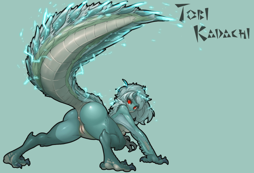 1girl all_fours anus aqua_fur aqua_hair aqua_scales aqua_skin ass breasts clawed_feet clawed_hands colored_skin commentary_request copyright_name electricity expressionless from_behind green_background green_fur grey_scales highres korean_commentary long_hair looking_at_viewer looking_back medium_breasts monster_girl monster_hunter:_world monster_hunter_(series) muhut multicolored_skin nipples over_shoulder personification pussy red_eyes simple_background slit_pupils solo tobi-kadachi two-tone_fur two-tone_skin webbing