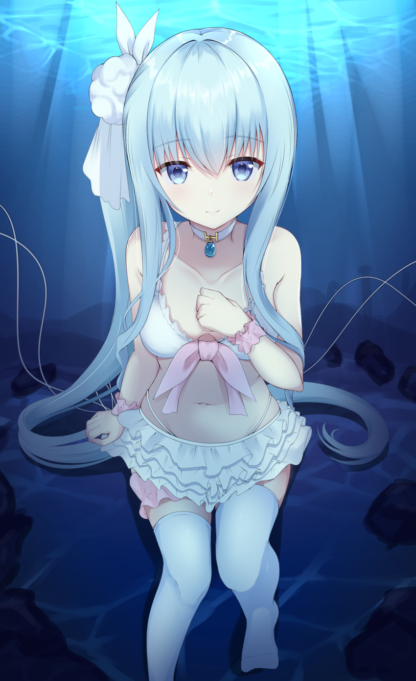 1girl argentum_2o arm_at_side bare_shoulders bemani bikini bikini_skirt blue_eyes blue_hair breasts character_request choker closed_mouth collarbone foot_out_of_frame frilled_bikini frilled_thigh_strap frilled_wristband frills hair_between_eyes hair_ornament hand_on_own_chest hand_up light_blue_hair light_rays long_hair looking_at_viewer medium_breasts navel no_shoes pendant_choker pink_ribbon ribbon side_ponytail sidelocks sitting smile solo sound_voltex swimsuit thigh_strap thighhighs underwater very_long_hair white_bikini white_choker white_thighhighs
