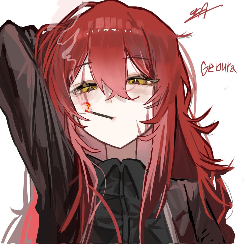 1girl :/ arm_behind_head arm_up black_shirt cigarette collared_shirt crossed_bangs gebura_(project_moon) hair_between_eyes hair_over_shoulder highres library_of_ruina long_hair looking_at_viewer orara_10 portrait project_moon red_hair shirt smoke smoke_trail solo yellow_eyes