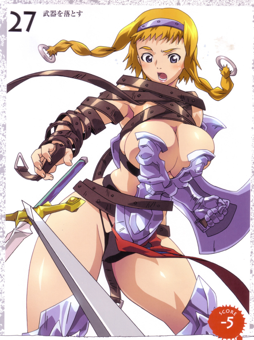 1girl absurdres armor artbook blonde_hair blush boots braid buckle curvy exiled_warrior_leina female_focus hairband highres hisayuki_hirokazu leina_(queen&#039;s_blade) looking_back official_art partially_visible_vulva queen&#039;s_blade queen&#039;s_blade_lost_worlds revealing_clothes scan shield shiny_skin short_hair_with_long_locks side_braid solo spread_legs sweat sword thong twin_braids weapon