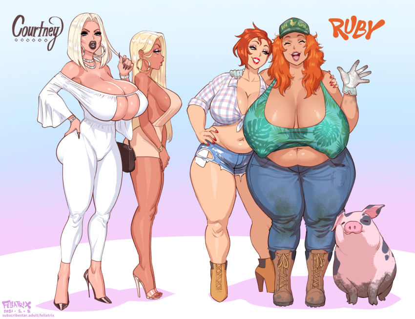 2021 4girls age_difference amber_(fellatrix) artist_name bad_tag big_breasts black_lips blonde_hair breasts brittany_(fellatrix) character_name cleavage courtney_(fellatrix) covered_erect_nipples curvy dated denim denim_shorts earrings farmer farmgirl fat fellatrix gilf high_heels hoop_earrings huge_breasts jewelry large_breasts long_hair mature_female mother_and_daughter multiple_girls non-web_source open_toe_shoes orange_hair original pale_skin parent_and_child pig red_hair ruby_(fellatrix) shirt short_hair shorts sideboob stiletto_heels thick_lips thick_thighs thighs tied_shirt underboob very_high_heels wide_hips