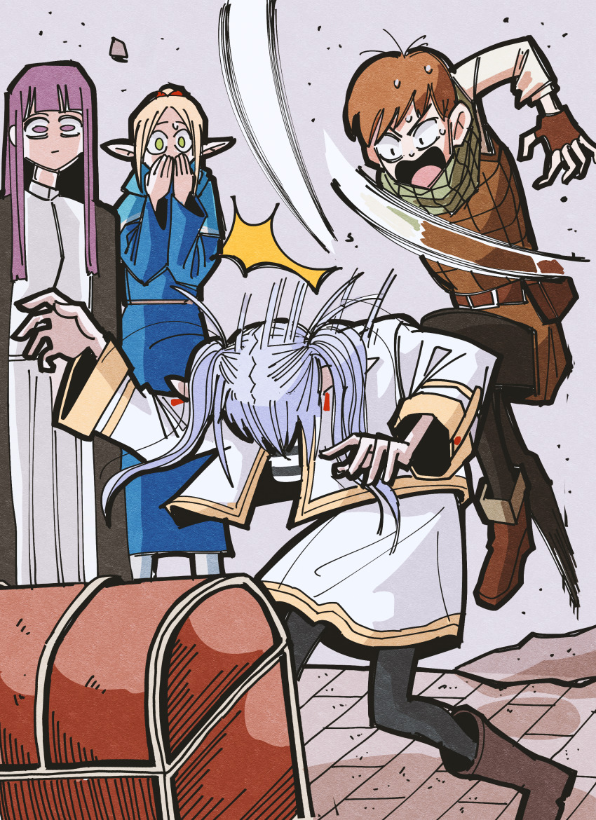 1boy 3girls absurdres angry armor black_pants black_pantyhose blue_robe boots brown_footwear brown_gloves brown_hair capelet chilchuck_tims commentary_request crossover dress dungeon_meshi earrings elf fern_(sousou_no_frieren) fingerless_gloves frieren gloves gold_trim grey_hair halfling hansoom_(latebirdwakeup) highres jacket jewelry korean_commentary leather_armor long_dress long_hair long_pointy_ears marcille_donato mimic mimic_chest multiple_girls open_mouth pants pantyhose pointy_ears purple_eyes purple_hair robe short_hair sidelocks skirt skirt_set slapping sousou_no_frieren standing treasure_chest twintails white_capelet white_dress white_jacket white_skirt