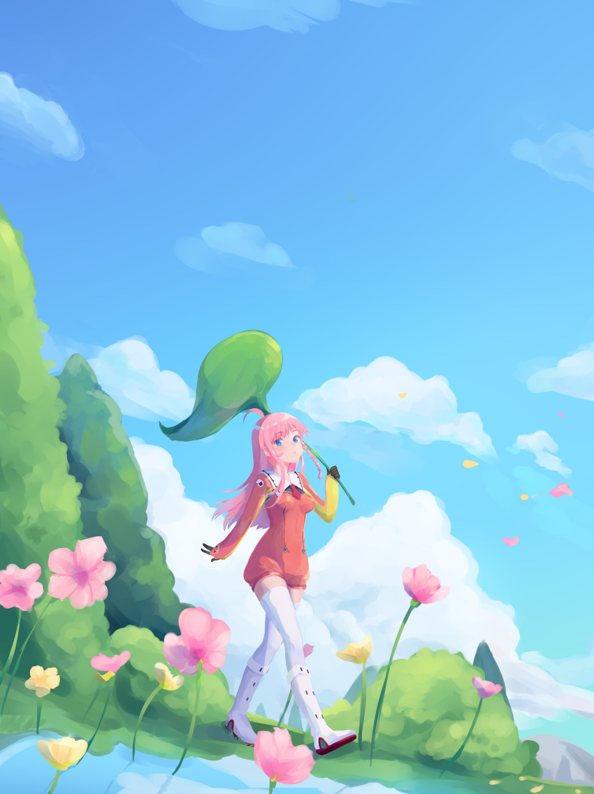 1girl absurdres ahoge black_gloves blue_eyes blue_sky blush bodysuit boots braid breasts closed_mouth cloud cloudy_sky comfycal commentary cross-shaped_pupils day dutch_angle falling_petals flower full_body gloves highres holding impossible_clothes legs long_hair long_sleeves medium_breasts necktie nono_(top_wo_nerae_2!) outdoors petals pink_flower pink_hair red_bodysuit red_necktie romaji_commentary sailor_collar sky solo symbol-shaped_pupils thighhighs top_wo_nerae!_(series) top_wo_nerae_2! tree white_boots white_thighhighs yellow_flower zettai_ryouiki