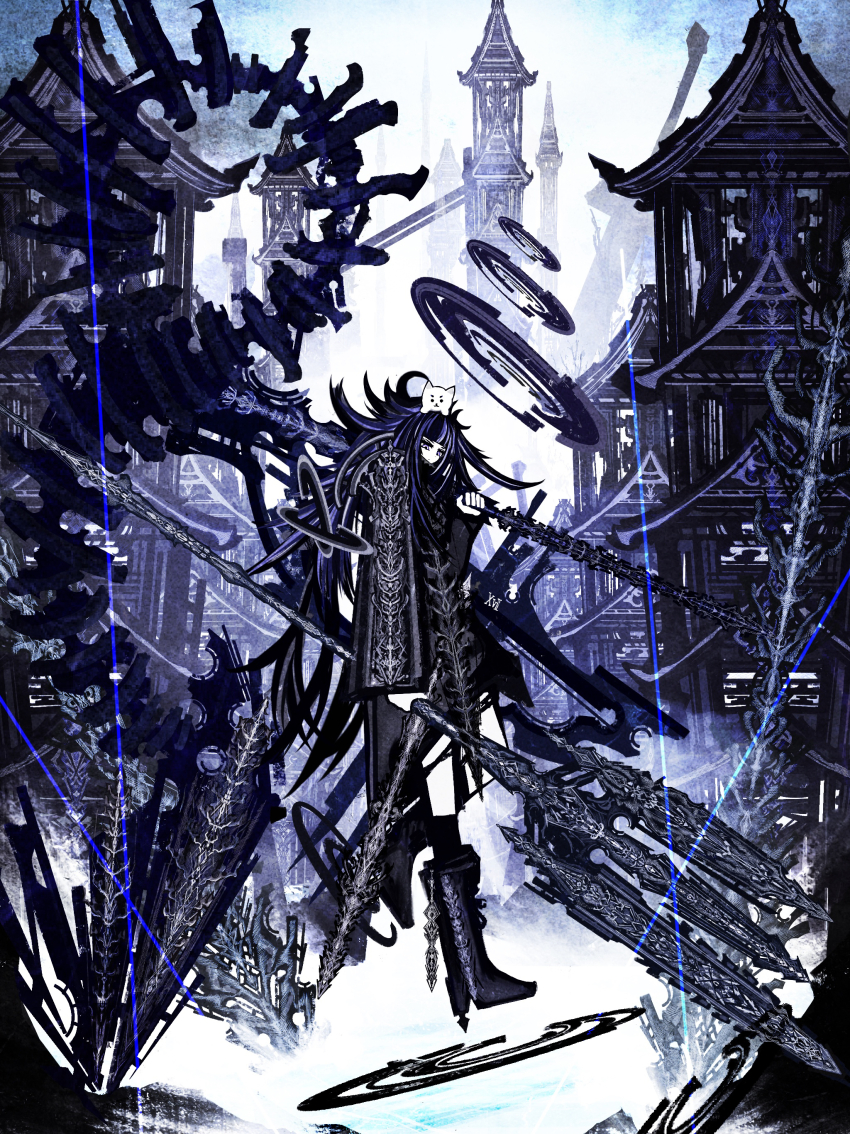 1girl absurdres animal animal_on_head floating from_side full_body halo highres huge_weapon long_hair on_head original outdoors riz_kira solo weapon