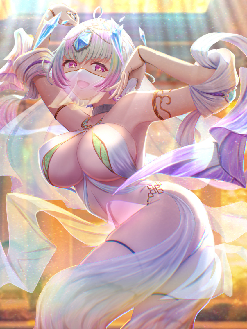 1girl alternate_costume arm_up ass bob_cut breasts dancer dancing fire_emblem fire_emblem_heroes highres large_breasts looking_at_viewer looking_back matoimangekyo mouth_veil multicolored_hair nintendo purple_eyes revealing_clothes see-through_clothes see-through_veil seidr_(fire_emblem) sideboob underboob veil