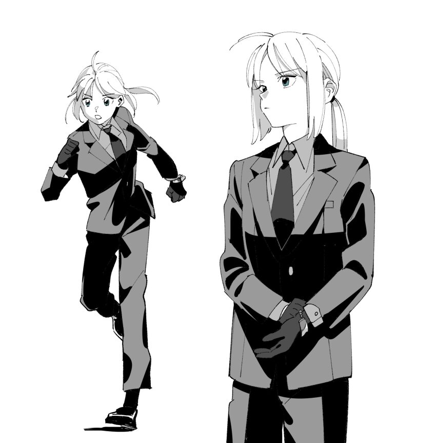 1girl ahoge artoria_pendragon_(fate) blue_eyes commentary_request duck11_rp fate/zero fate_(series) formal_clothes gloves greyscale highres monochrome necktie open_mouth ponytail saber_(fate) spot_color suit