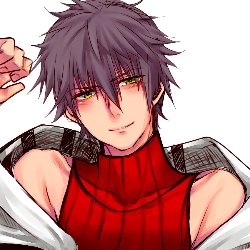 1boy absurdres black_hair blush closed_mouth commentary_request green_eyes hair_between_eyes highres jumpsuit long_bangs long_sleeves looking_at_viewer male_focus mechanic_(ragnarok_online) official_alternate_costume open_jumpsuit ragnarok_online red_shirt shirokuro_(erisnoa) shirt short_hair simple_background sleeveless sleeveless_shirt smile solo turtleneck turtleneck_shirt upper_body white_background white_jumpsuit