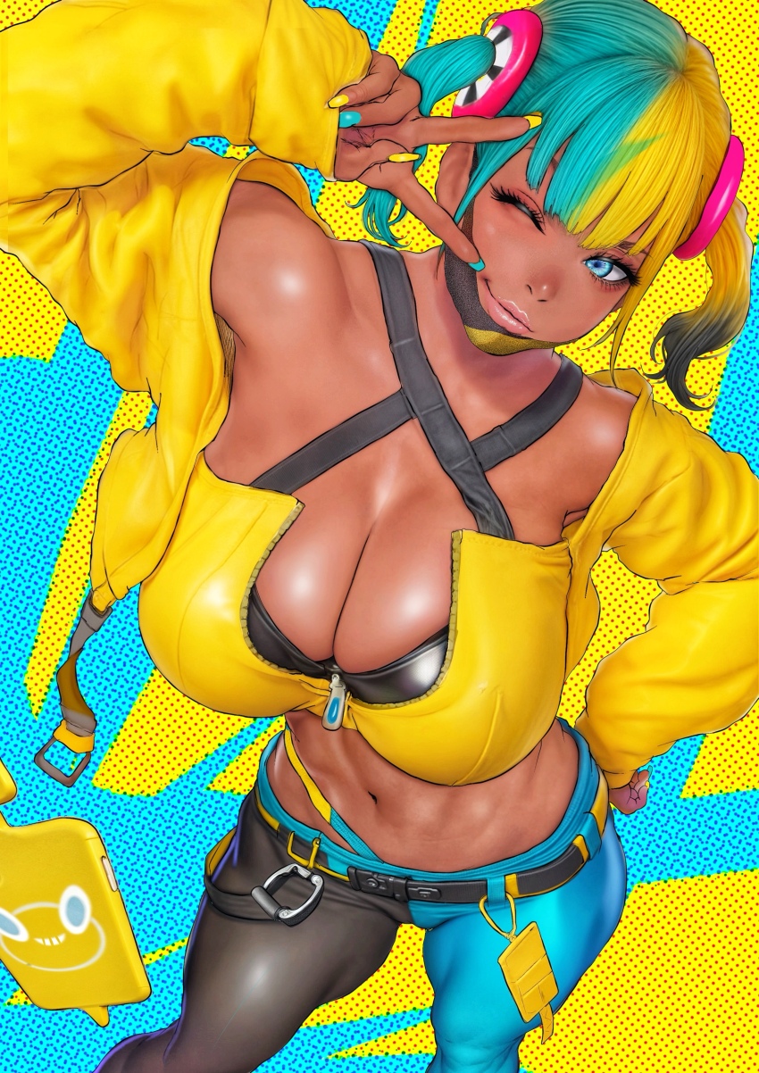 absurdres b_0_rukia bare_shoulders belt blue_eyes breasts canari_(pokemon) collarbone cropped_jacket dark-skinned_female dark_skin fingernails gen_4_pokemon gyaru hair_ornament hand_on_own_hip highres large_breasts lips long_fingernails mask multicolored_hair navel nintendo one_eye_closed pants peace_symbol pokemon pokemon_legends:_z-a rotom rotom_phone shiny_skin standing wink