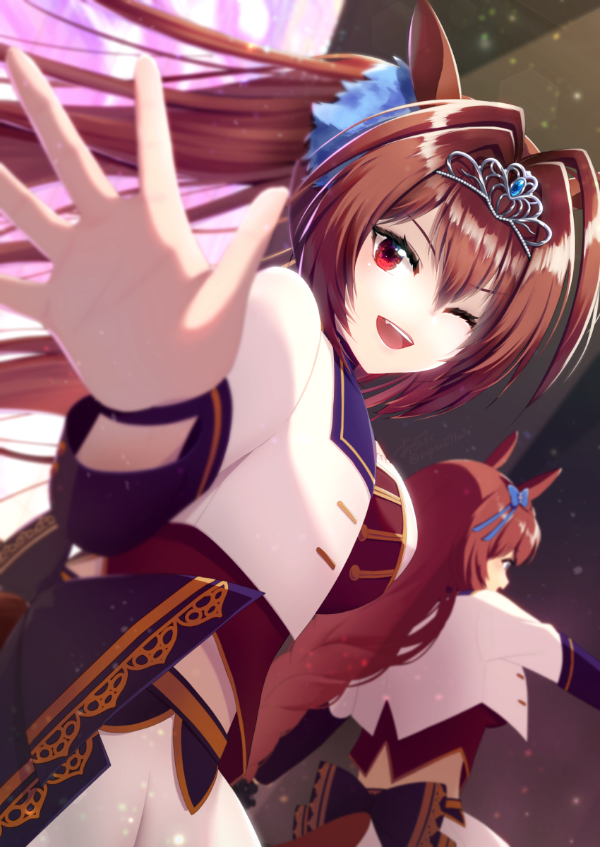 2girls ;d animal_ears asashizuku brown_hair daiwa_scarlet_(umamusume) double-parted_bangs fang hair_between_eyes highres horse_ears horse_girl jacket long_hair long_sleeves multiple_girls official_alternate_costume one_eye_closed open_mouth red_eyes red_shirt shirt skirt smile solo_focus starting_future_(umamusume) super_creek_(umamusume) tiara twintails umamusume very_long_hair waving white_jacket white_skirt