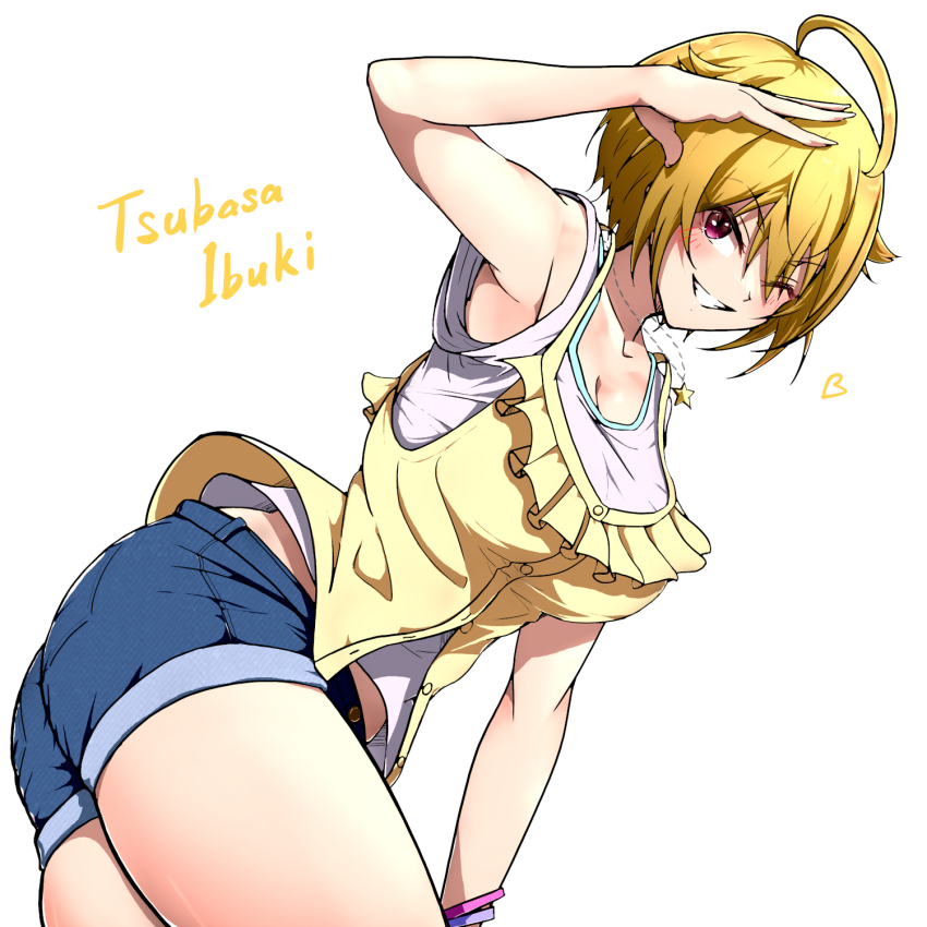 1girl ;d ahoge armpits blonde_hair blush bracelet breasts camisole character_name cleavage denim denim_shorts grin heart highres hitofudegaki_usagi ibuki_tsubasa idolmaster idolmaster_million_live! jewelry large_breasts looking_at_viewer one_eye_closed open_mouth red_eyes shirt short_shorts shorts simple_background sleeveless sleeveless_shirt smile solo white_background