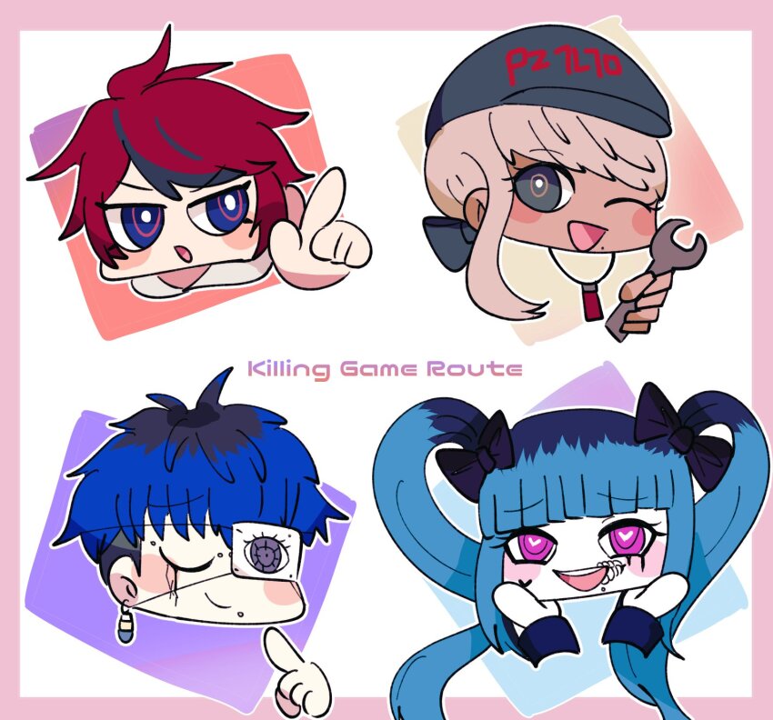 2boys 2girls amemiya_darumi black_eyes black_hair black_hat blonde_hair blue_eyes blue_hair blush border closed_eyes earrings eyepatch face_piercing hands_on_own_face hat head_only heart heart-shaped_pupils highres holding holding_wrench jewelry kawana_tsubasa lip_piercing looking_at_viewer multicolored_hair multiple_boys multiple_girls omokage_yugamu one_eye_closed open_mouth piercing pink_border pink_eyes pointing pointing_at_self pointing_at_viewer ponytail red_hair short_hair sumino_takumi symbol-shaped_pupils the_hundred_line_-last_defense_academy- twintails white_background wrench