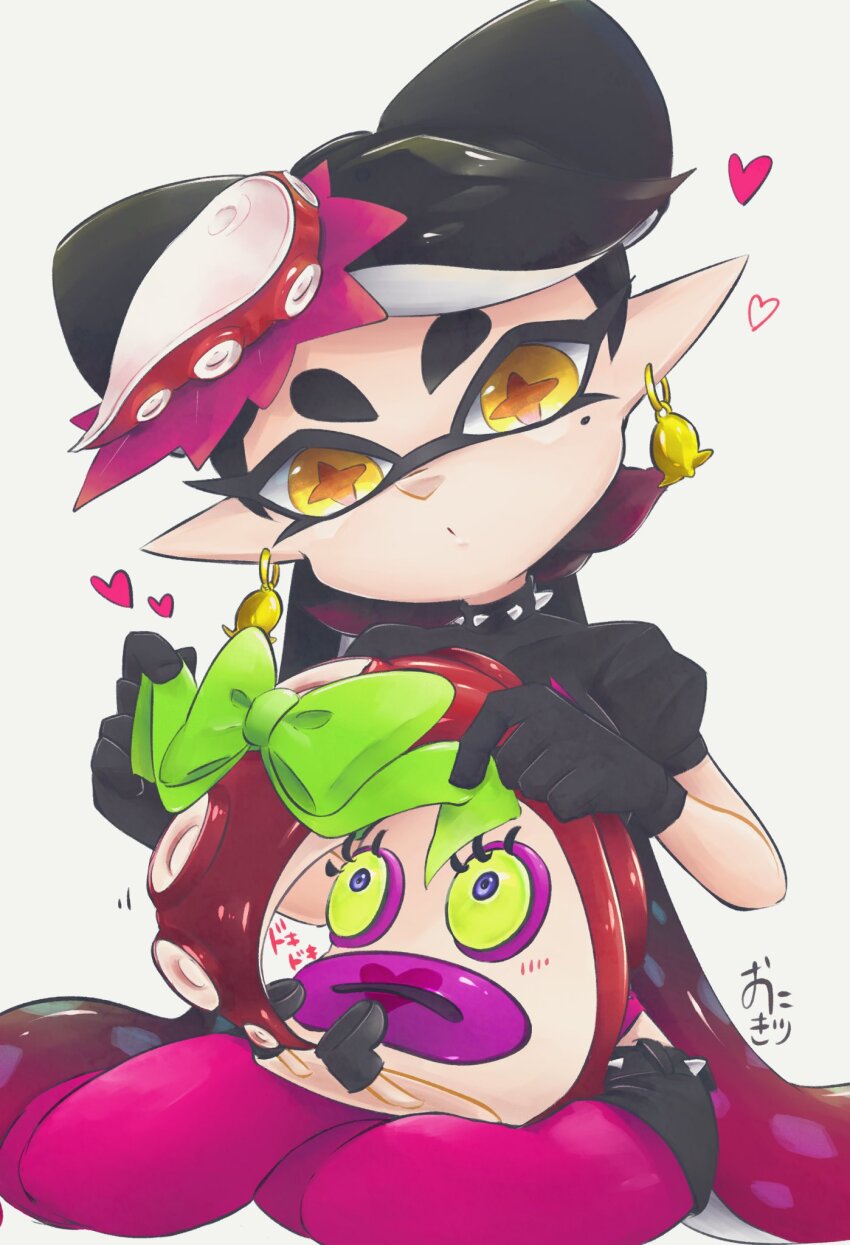 black_crop_top black_gloves black_hair black_leather black_leather_crop_top black_leather_gloves bow bow-shaped_hair bowtie callie_(octo_idol_outfit)_(splatoon) callie_(splatoon) clothes collar colored_sclera colored_skin crop_top earrings expressionless eyelashes food gloves gold_earring green_bow green_bowtie green_sclera highres jewelry long_hair midriff mole mole_under_eye multicolored_hair nintendo octarian_(enemy) octopus_hair_ornament octopus_sausage_earrings octotrooper okome_2g2g panties pantyhose pink_leaf pink_panties pink_shiso_leaf pointy_ears purple_lips simple_background sitting_sideways spiked_collar spikes splatoon_(series) splatoon_2 spotted_hair suction_cups symbol-shaped_pupils tentacle_hair twintails underwear very_long_hair white_background white_skin wide-eyed yellow_eyes
