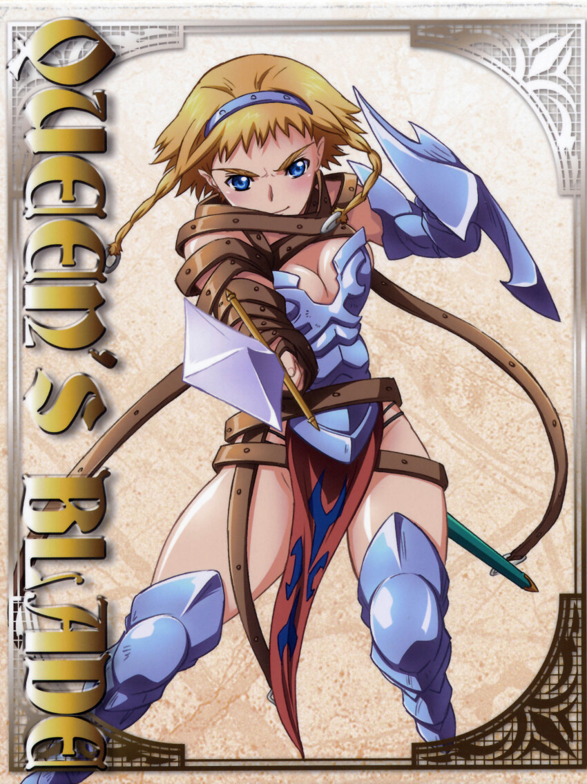 1girl absurdres armor blonde_hair boots braid breastplate buckle hairband highres hisayuki_hirokazu leina_(queen&#039;s_blade) lips logo looking_at_viewer official_art panties queen&#039;s_blade revealing_clothes scan shield shiny_skin short_hair_with_long_locks side_braid slashing solo striped_clothes striped_panties sword twin_braids underwear weapon