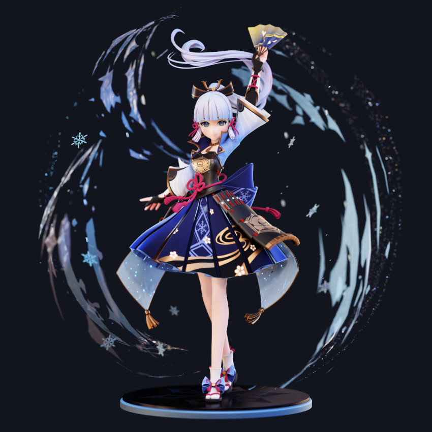 1girl 3d absurdres arm_up armor armored_dress ayaka_(genshin_impact) blue_eyes blue_hair blunt_bangs bow dress floating_hair folding_fan genshin_impact gloves hair_ribbon hand_fan high_collar high_ponytail highres holding holding_fan japanese_armor jewelry long_hair medium_skirt mole mole_under_eye necklace pablo_dobarro partially_fingerless_gloves ponytail print_skirt ribbon sandals skirt snowflakes solo tabi tassel tress_ribbon vambraces