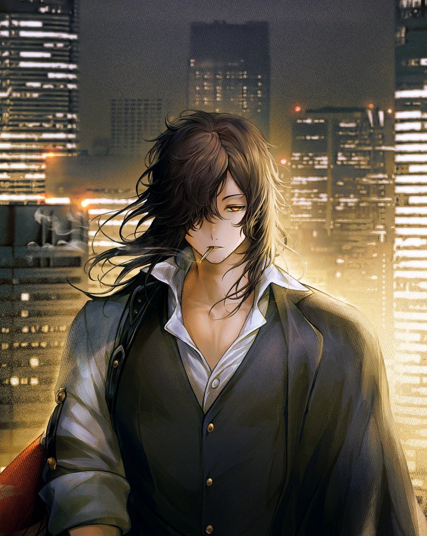 1boy black_hair black_vest cigarette collared_shirt commentary expressionless fate/grand_order fate_(series) hair_over_one_eye highres honi_(ohohoni) jacket long_hair long_sleeves looking_at_viewer male_focus okada_izou_(fate) okada_izou_(i&#039;m_one_dapping_fella)_(fate) shirt solo upper_body vest white_shirt yellow_eyes