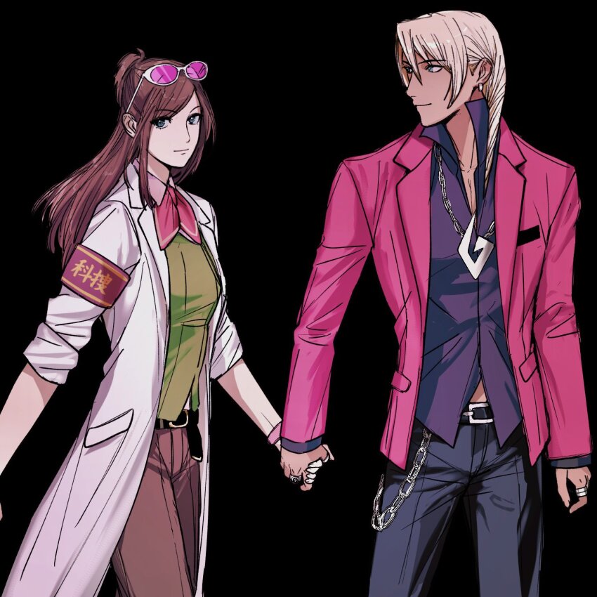 1boy 1girl ace_attorney album_cover_redraw amikoiiko apollo_justice:_ace_attorney armband belt belt_buckle black_background black_belt black_pants blonde_hair blue_eyes breast_pocket brown_hair brown_pants buckle chain chain_necklace closed_mouth commentary cowboy_shot dark-skinned_male dark_skin derivative_work dress_shirt drill_hair earrings ema_skye english_commentary eyewear_on_head facing_to_the_side fingernails green_eyes green_vest half_updo highres holding_hands index_ring initial jacket jewelry klavier_gavin lab_coat lapels lenny_kravitz light_smile long_hair long_sleeves looking_at_another looking_at_viewer medium_hair middle_ring mismatched_eyebrows multiple_rings neckerchief necklace notched_lapels pants peggy_gou pink-tinted_eyewear pink_shirt pleated_pants pocket popped_collar purple_jacket purple_shirt red_armband red_neckerchief ring round_eyewear shirt simple_background single_earring sleeves_rolled_up sternocleidomastoid_muscle suit_jacket sunglasses tinted_eyewear vest waistcoat wallet_chain watch white-framed_eyewear wristwatch