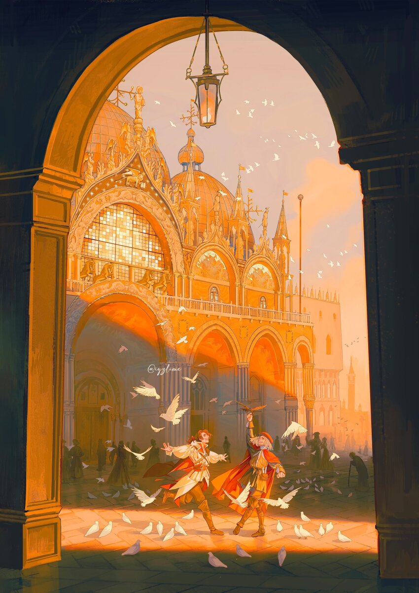 2boys absurdres animal assassin&#039;s_creed_(series) bird boots brown_boots brown_pants castle crowd dove ezio_auditore_da_firenze golden_hour happy highres iyzlime leonardo_da_vinci_(assassin&#039;s_creed) multiple_boys outdoors pants sunset