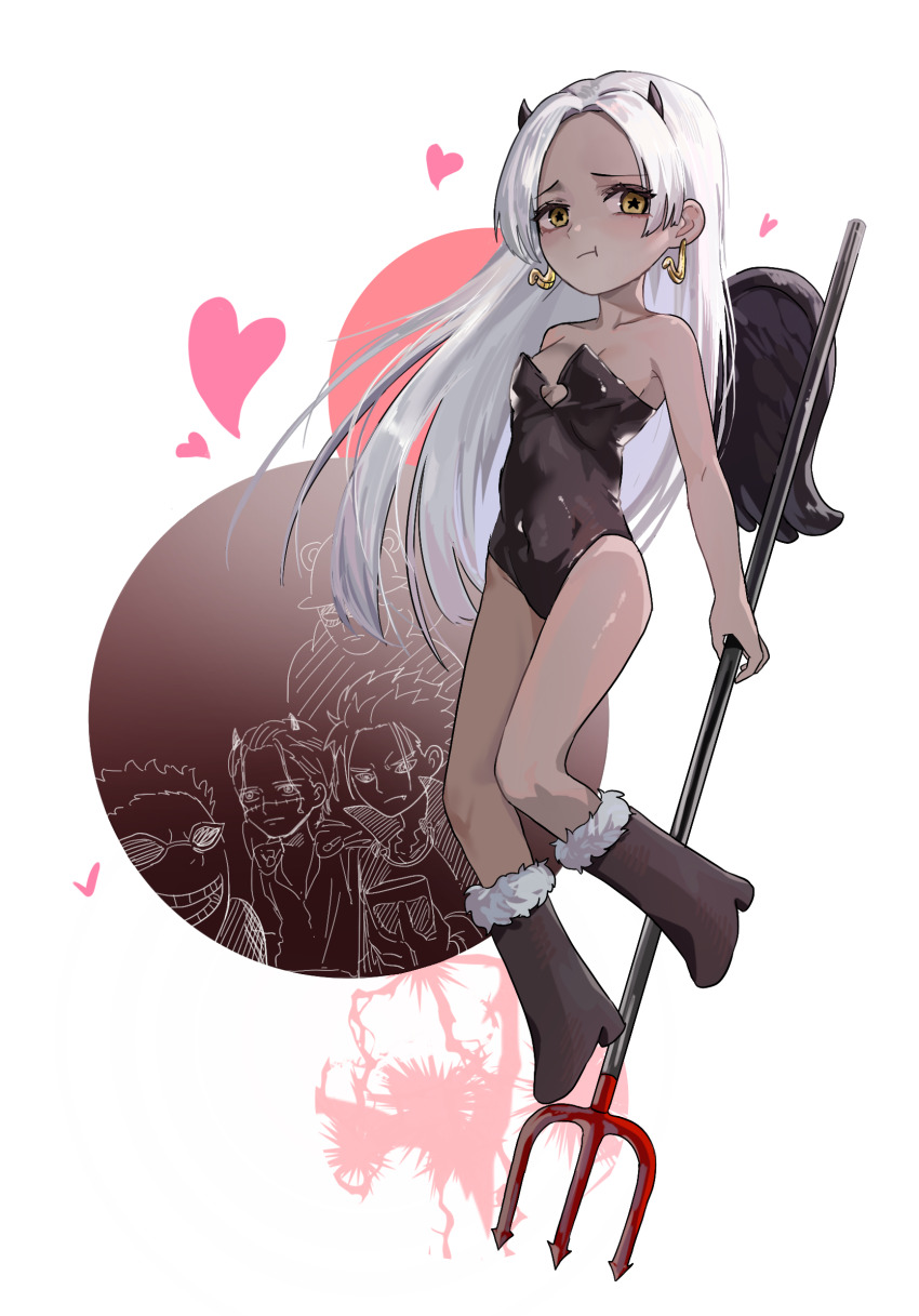 1girl alternate_costume black_boots black_horns black_leotard black_wings boots breasts closed_mouth dark-skinned_female dark_skin demon_horns earrings feathered_wings full_body fur-trimmed_boots fur_trim heart highleg highleg_leotard highres holding holding_pitchfork horns jewelry leotard long_hair nakajima_(user111860274) one_piece pitchfork pout s-bear s-crocodile s-flamingo s-hawk s-snake seraphim_(one_piece) small_breasts snake_earrings solo solo_focus star-shaped_pupils star_(symbol) strapless strapless_leotard symbol-shaped_pupils white_hair wings yellow_eyes